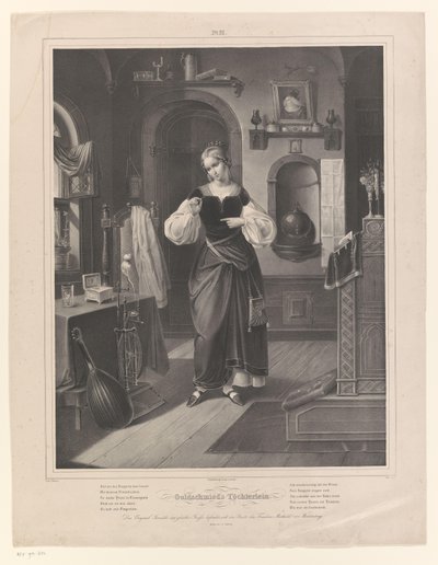 Interiör med kvinna med ring i handen Goldschmieds Töchterlein (titel på objekt) Guldsmedens dotter (serietitel) av Johann Sprick