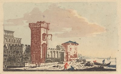 Slott, ruiner och havslandskap - Sex färgade gravyrer av Johann Teyler