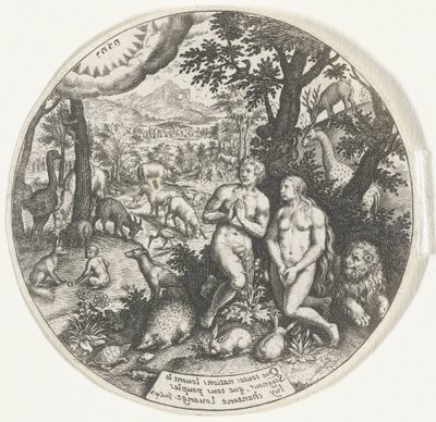 Gud talar med Adam och Eva i paradiset av Johann Theodor de Bry