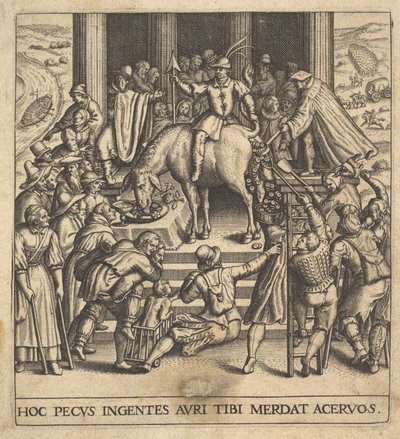 Män som samlar dynga som tappar från bakdelen av en mula, med en ryttare sittande ba..., 1592-1614. av Johann Theodor de Bry