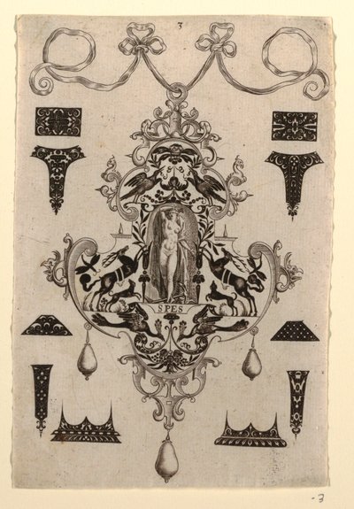 Hängsdesign med dygdhoppet, tavla 3, från en serie om åtta hängsmycken med kardinaldygderna av Johann Theodor de Bry