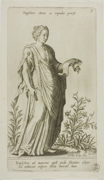Terpsichore, Muse of Dance, tallrik 9 från Parnassus Biceps av Johann Theodor de Bry
