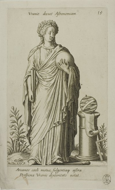 Urania, Muse of Astronomy, skylt 15 från Parnassus Biceps av Johann Theodor de Bry