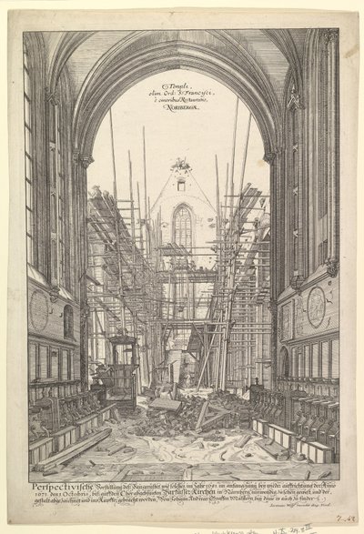 Utsikt över Franciskanernas kyrka i Nürnberg under återuppbyggnad, från serien V....n.d. av Johann Ulrich Kraus