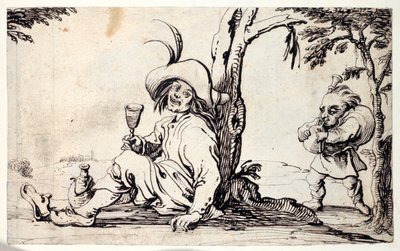 Landsman sitter och svalkar sig själv och en dvärg med säckpipa (penna och bläck på papper) av Johann Wilhelm Baur