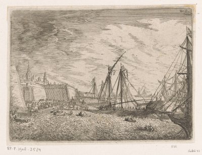 Utsikt över hamnen med segelfartyg och galärer framför en stadsmur Hamnvyer (serietitel) av Johann Wilhelm Baur