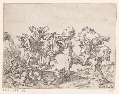 Två musketörer till häst skjuter på en ryttare Stridsscener (serietitel) Capricci di varie battaglie (serietitel) av Johann Wilhelm Baur