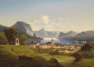 Utsikt över Gmunden med Schloss Ort i bakgrunden, 1870 av Johann Wilhelm Jankowski