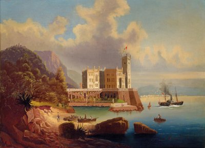 Utsikt över slottet Miramare och Trieste. av Johann Wilhelm Jankowski