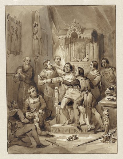 Greve William V blir galen och mördar Gerrit van Wateringen, 1357 av Johann Wilhelm Kaiser (I)