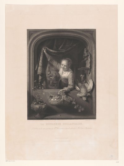 Kvinna med fruktkorg i handen vid fönstret La menagerè Hollandaise (titel på objekt) av Johann Wilhelm Kaiser (I)
