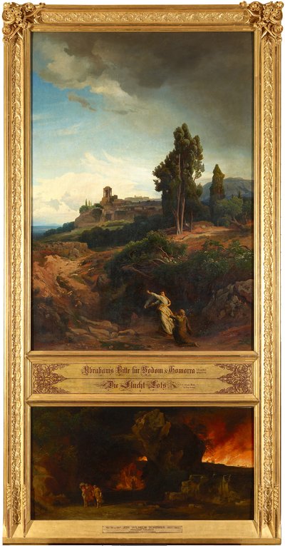 Abrahams Bitte für Sodom (oben). Die Flucht Lots (unten). Aus dem Zyklus "Zwölf biblische Landschaften mit der Geschichte Abrahams" av Johann Wilhelm Schirmer
