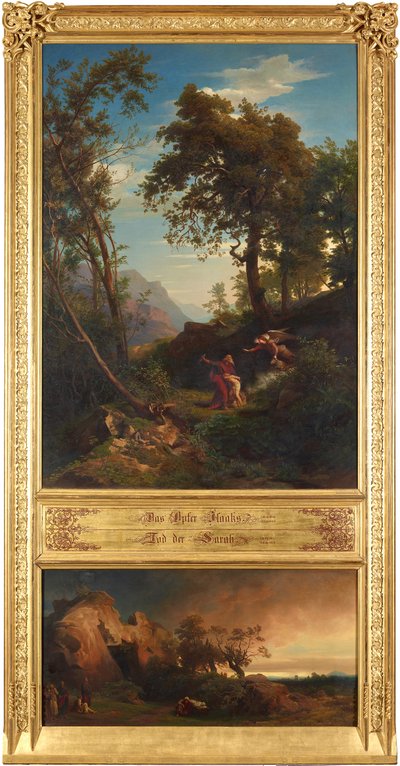 Isaks offer (ovan). Abrahams klagan över Sara (nedan). Ur serien "Tolv bibliska landskap med Abrahams historia" av Johann Wilhelm Schirmer