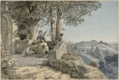 Klippigt landskap, i förgrunden en ung kvinna med tre barn och en hund framför en romansk portal av Johann Wilhelm Schirmer