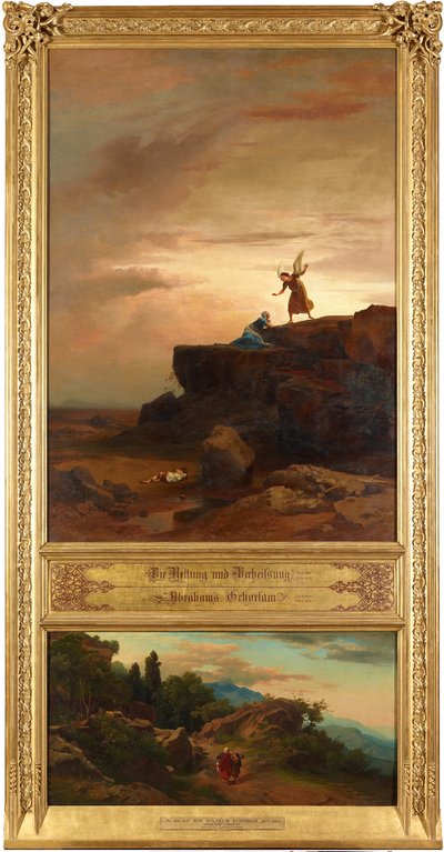 Räddning och löfte (ovan). Abraham och Isak på väg till offret (nedan). Ur serien ”Tolv bibliska landskap med berättelsen om Abraham” av Johann Wilhelm Schirmer