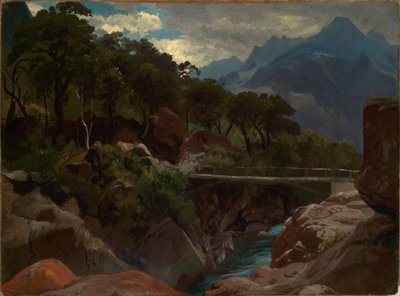 Schweizisk bergsflod med gångbro av Johann Wilhelm Schirmer
