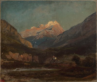 Schweiziskt bergslandskap med kapell och avlägsen snötäckt bergstopp av Johann Wilhelm Schirmer
