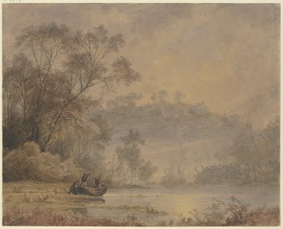 Skogssjö, från vars strand en båt med tre män lägger ut av Johann Wilhelm Schirmer