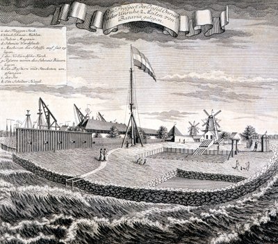 Holländska Ostindiska kompaniets trä- eller sågverk på ön två mil från Batavia, pub. 1744. av Johann Wolfgang Heydt
