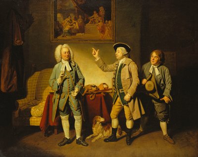 En scen från "Love in a Village" av Isaac Bickerstaffe, akt 1, scen 2, med Edward Shuter som Justice Woodcock, John Beard som Hawthorn och John Dunstall som Hodge, av Johan Joseph Zoffany