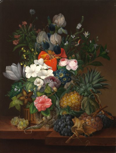 Stilleben med ödla och blommor - Johanna (Jenny) Salm-Reifferscheidt (nee Comtesse Pachtova) (1780-1857). olja på duk av Johanna Salm-Reifferscheidt