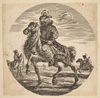 Ungersk ryttare ridande till vänster, andra ryttare i bakgrunden, en cirkulär c....n.d. av Johanna Christina Küsel