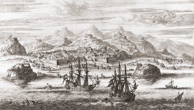 Holländska skepp framför Muscat, Oman på 1600-talet (tryck) av Johannes (after) Kip