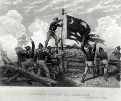 Ushujaa wa Sajenti William Jasper katika Ulinzi wa Fort Moultrie, Carolina Kusini, Mei 12, 1780, iliyochongwa na G.R. Swed ya ukumbi av Johannes Adam Simon Oertel