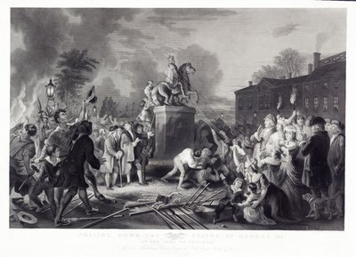Dra ner statyn av George III av Sons of Freedom, på Bowling Green, City of New York, juli 1776, pub. 1875 av Johannes Adam Simon after Oertel