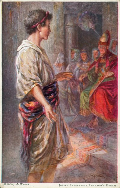 Josef tolkar Faraos dröm, Första Moseboken 41:25 (färglitografi) av Johannes Adolf Tillack
