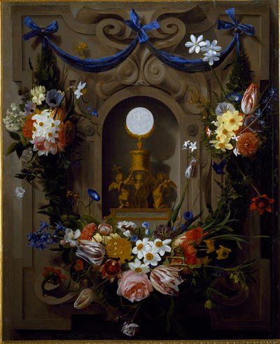 Eukaristi i en krans av blommor (olja på duk av Johannes Antonius van der Baren