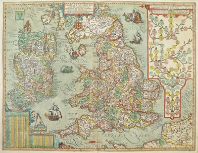 Karta över England och Irland ritad 1606 (färgad gravyr) av Johannes Baptista Vrints