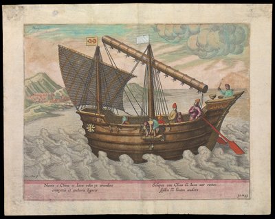 Naves et China et Java (segelfartyg från Kina och Java,1599), tidigt 1600-tal (gravyr, färglagd) av Johannes Baptista van the Younger Doetechum