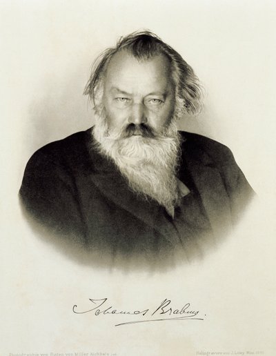 Tyskland, graverat porträtt av den tyske kompositören, pianisten och dirigenten Johannes Brahms av Johannes Brahms