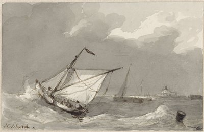 Fiskebåt på ett hackigt hav, med en by framför sig av Johannes Christiaan Schotel