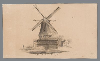 Vy över väderkvarnen De Vink utanför Weteringpoort Windmill de Vink utanför Wetering Poort (titel på objekt) av Johannes Cornelis van Pappelendam