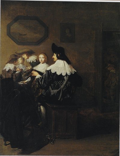 Företag med en man som spelar luta, sittande vid ett bord av Johannes Cornelisz Verspronck