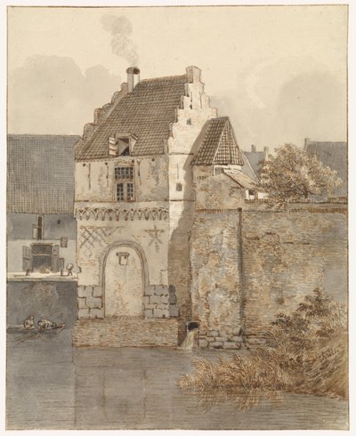 Utsikt över Bottelpoort vid Oude Haven i Nijmegen av Johannes Franciscus Christ