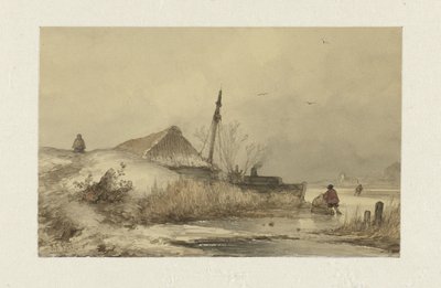 Vinterlandskap med en gård på ett dike av Johannes Franciscus Hoppenbrouwers