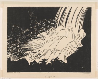 Vattenfall med rådjur (originaltitel på objekt) av Johannes Frederik Engelbert ten Klooster (signed by artist)
