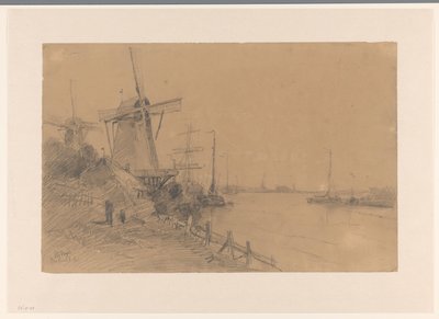 Väderkvarnar nära Dordrecht längs floden med fartyg av Johannes Gijsbert Vogel