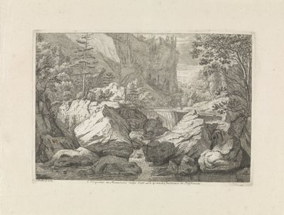 Utsikt över ett vattenfall Prospekt i Monasterio vulgo dicto La Grande Chartreuse i Delphinatu (titel på objektet) Landskap i Chartreuzerbergen (serietitel) av Johannes Glauber