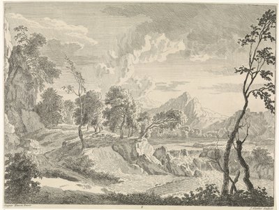 Kuperat landskap med vattenfall Landskap efter Gaspar Poussin (serietitel) av Johannes Glauber
