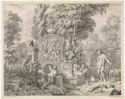 Landskap med en fontän och Diana och hennes nymfer Bibliska, mytologiska och allegoriska representationer (serietitel) av Johannes Glauber