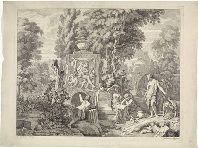Landskap med en fontän och Diana och hennes nymfer Bibliska, mytologiska och allegoriska representationer (serietitel) av Johannes Glauber