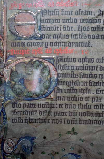 Detalj från Gutenbergbibeln från 1400-talet, av invigningen av Efesierbrevet av Johannes Gutenburg