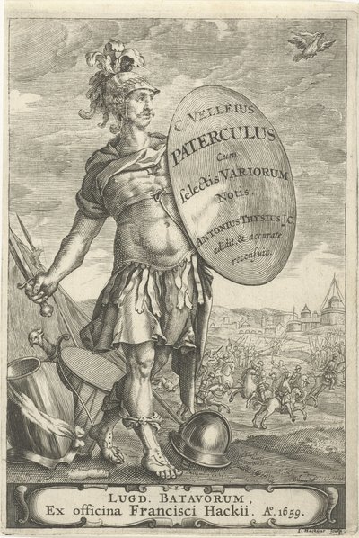 Romeinse krijgsman voor een slagveld Titelsida för Caius Velleius Paterculus cum Selectis Variorum Notis, 1659 av Johannes Hackius