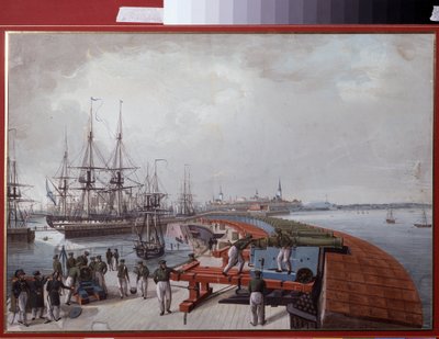 View of Reval (nuvarande Tallinn (Tallin), i Estland), hamnen och artilleriet vid den ryska kusten (View of Reval, The Harbour and the Russian Coast Artillery). Verk av Johannes Hau (1771-1838), akvarell på papper av Johannes Hau