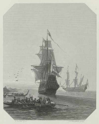 Abel Tasmans ankomst till Nya Zeeland, 1642-1643, ca 1865 av Johannes Heinrich Maria Hubert Rennefeld