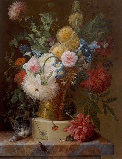 Stilleben Av Blommor På En Avsats Med En Katt av Johannes Hendrick Fredriks